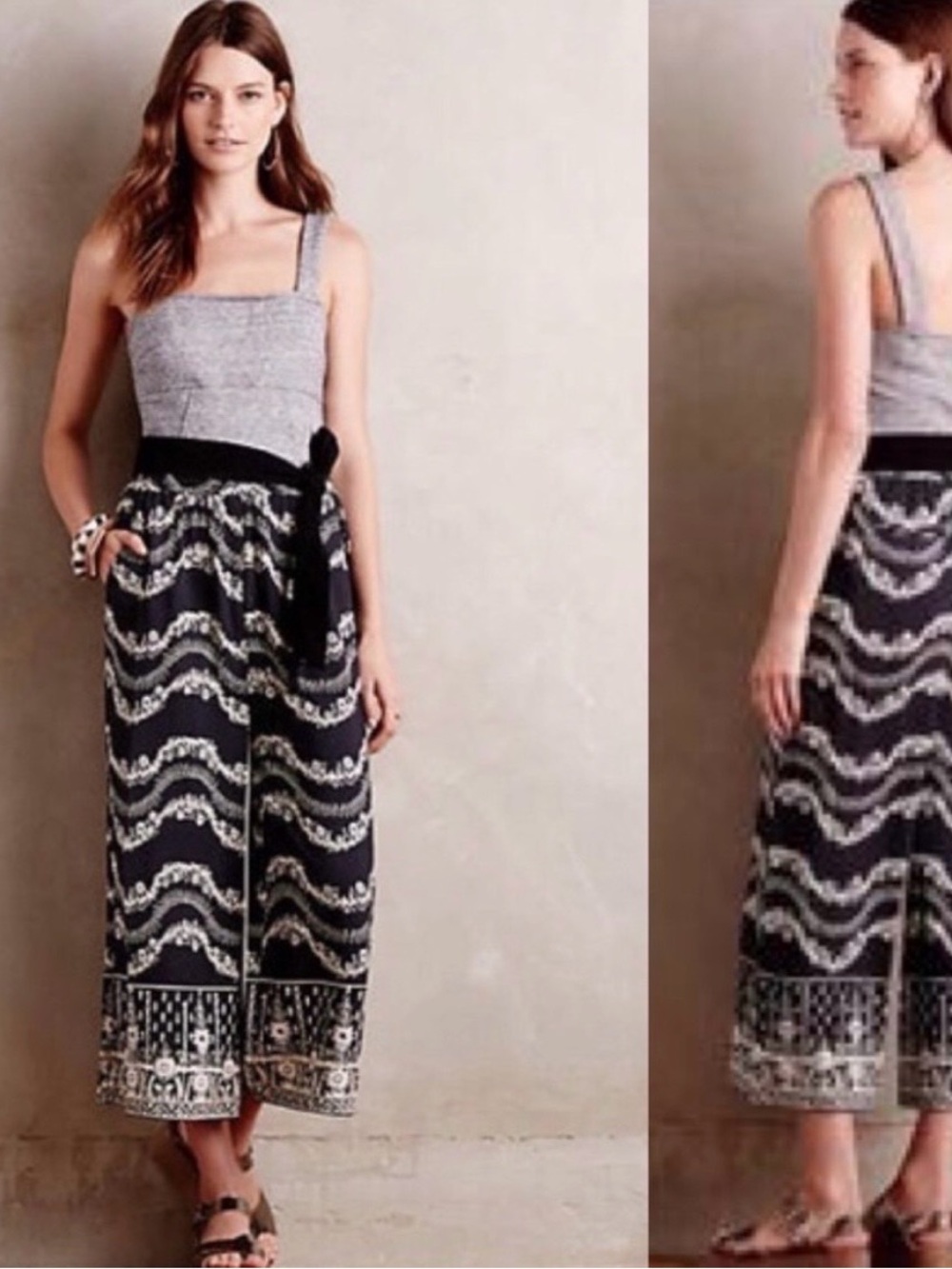 Anthropology Maple Lane  Sleeveless Black & Gray Printed Wide-Leg Jumpsuit M